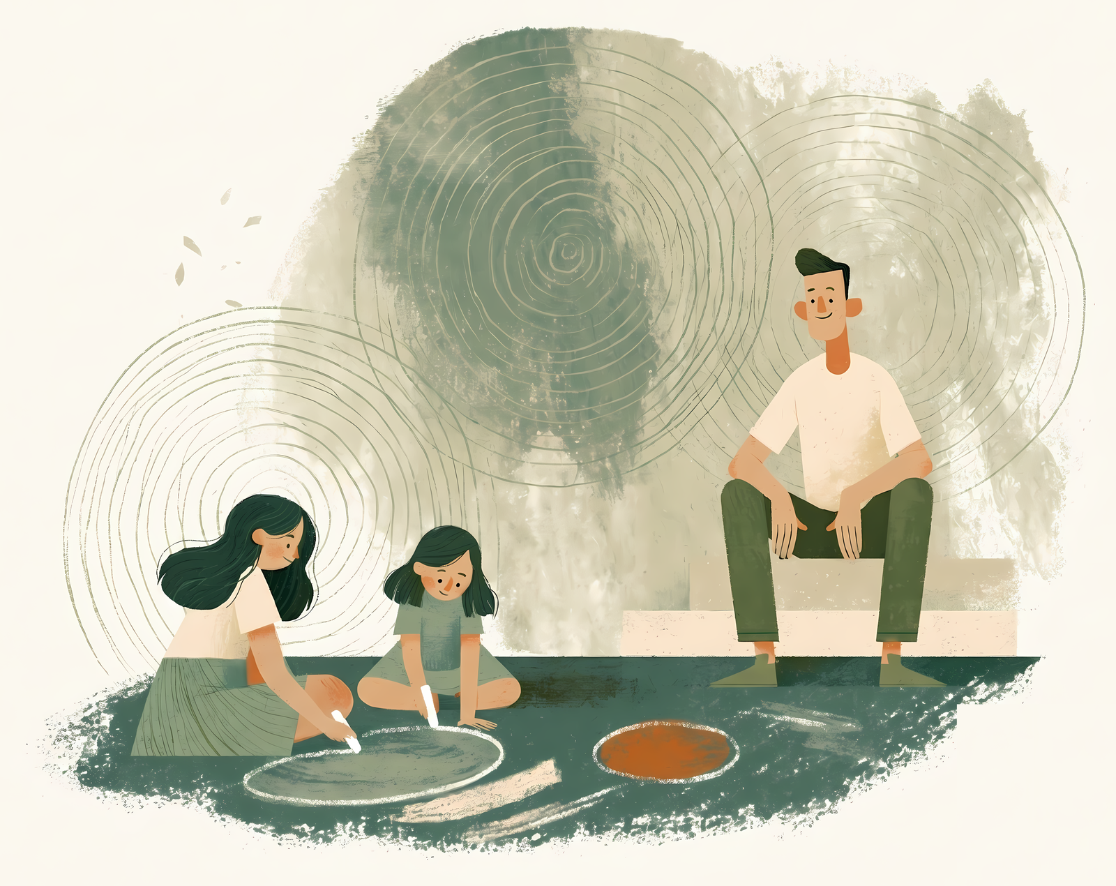 A father watches from the steps as his daughters draw chalk spirals on the ground.